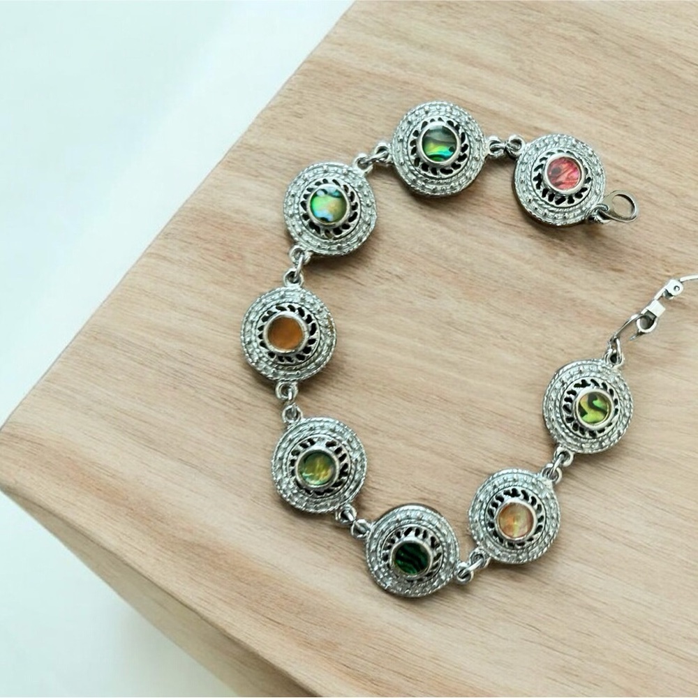 Silver-Tone Disc Bracelet, Abalone Centers, Round Filigreed Discs, Signe…